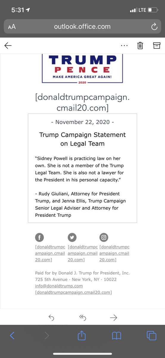 UPDATE: Moments ago the Trump campaign sent a press release claiming that Sidney Powell, who has participated in press conferences with Trump’s legal team, is not a member of Trump’s legal team and is “practicing law on her own”