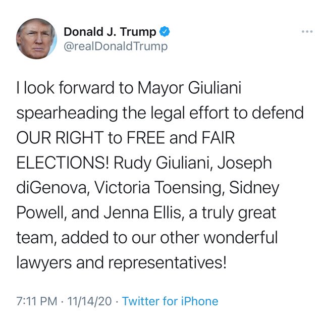 3. On November 14, the president tweeted that Sidney Powell was part of his legal along with Rudy Giuliani and others.