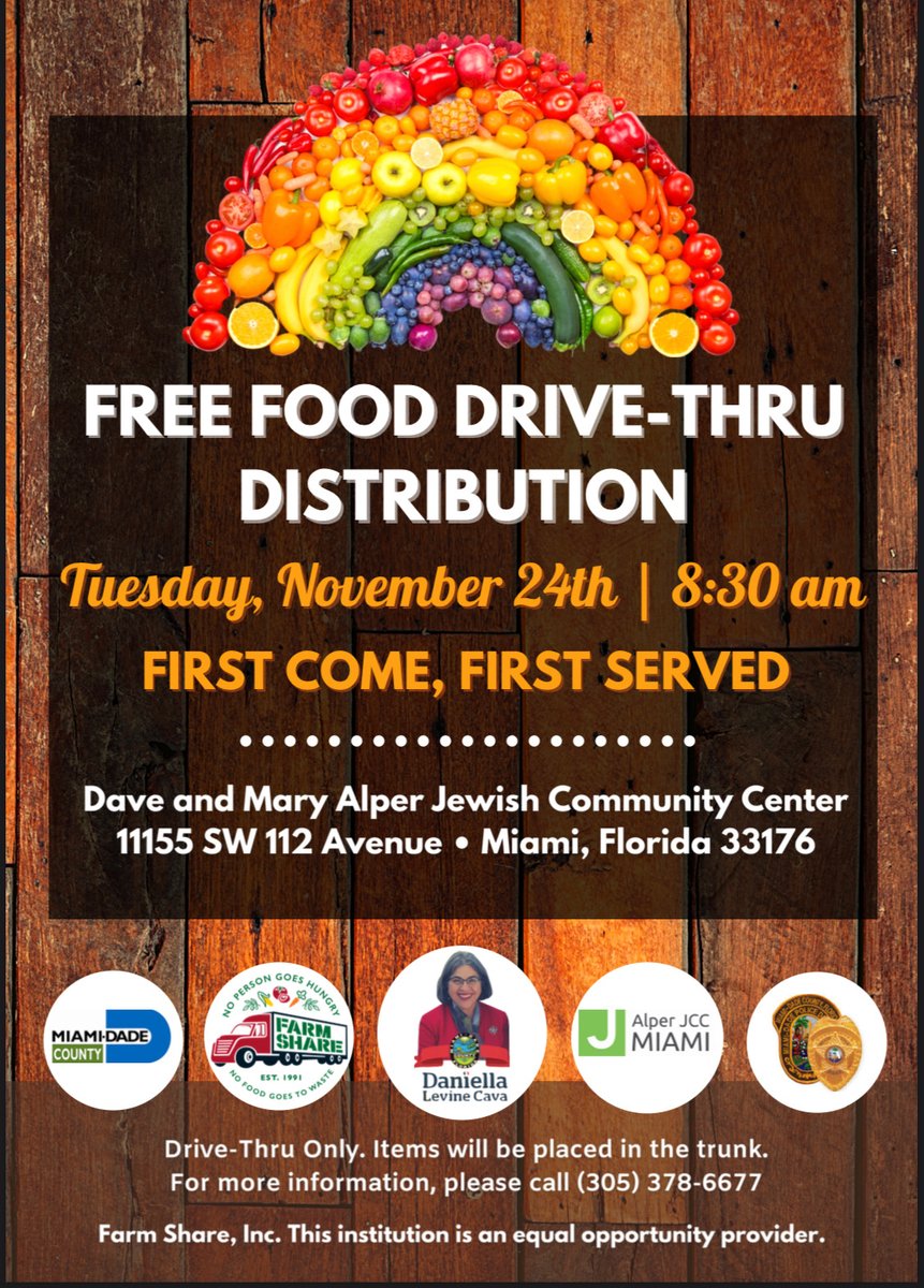 MayorDaniella's tweet photo. Please spread the word to those in need: Free food distribution with @FarmShareFL and @MiamiDadePD this Tuesday, November 24 at 8:30 am at the @AlperJCC, 11155 SW 112th Ave, Miami 33176. ๐ฅฌ๐
๐ #MiamiDadeStrong https://t.co/uUYWUpL3md