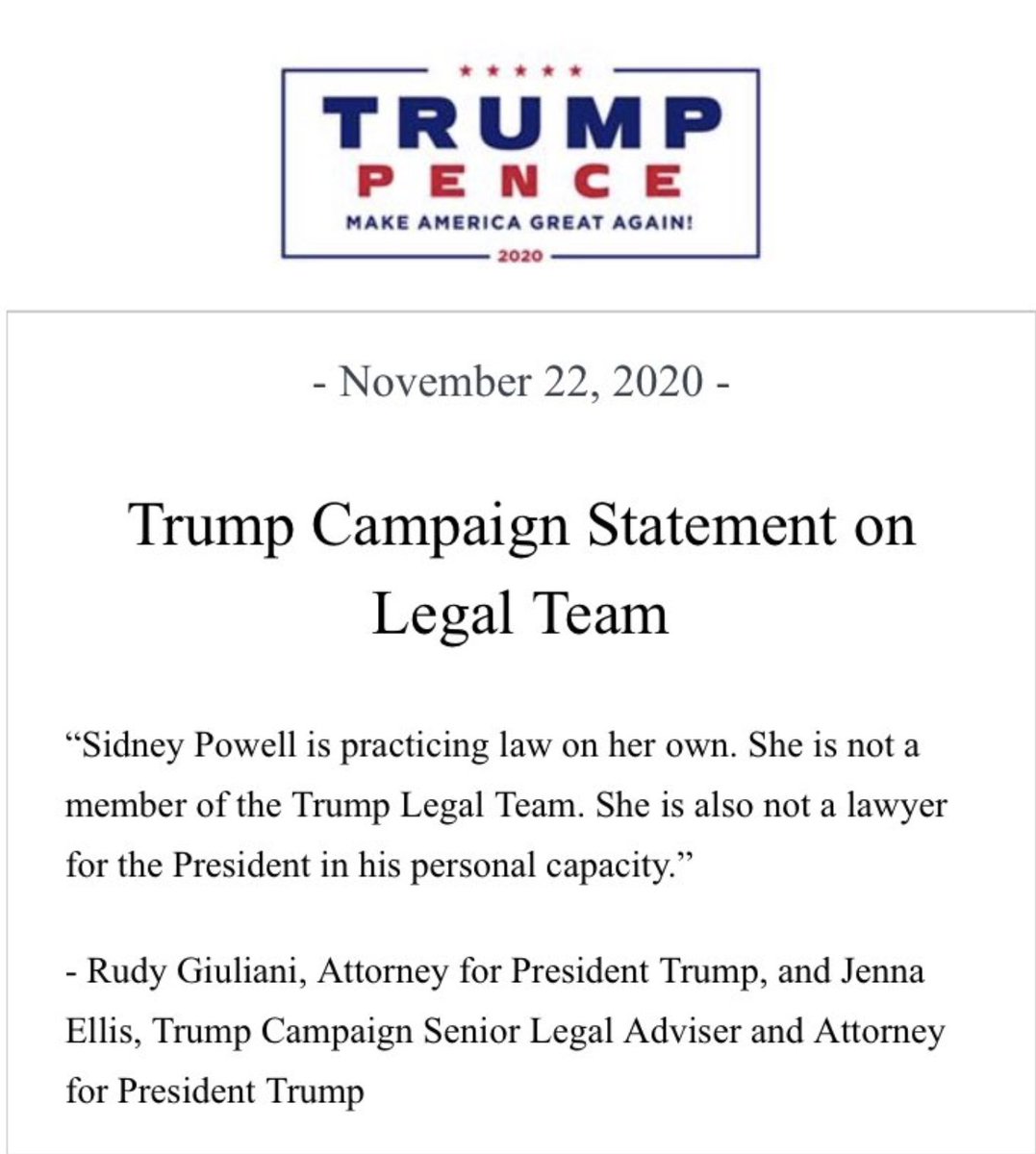 Sidney Powell (the lawyer who said that she would "release the kraken" to demonstrate her extraordinary conspiracy of how the election was stolen) now appears to have been disowned by Rudy Giuliani and the Trump campaign legal team as nothing to do with them!