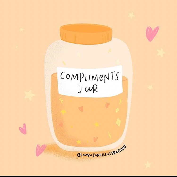 Q4: Who are you grateful for in the #kidlit community? Drop them a compliment in the compliments jar. #KidlitSelfCare (Art: @hellohappee)