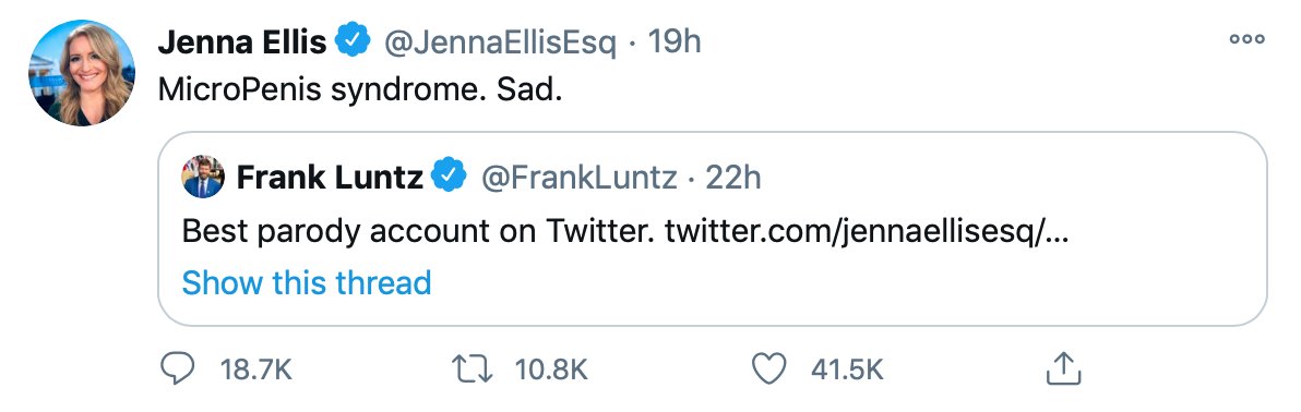 Max Berger on Twitter: "Who's the most embarrassing member of Trump's legal  team? 1. Theocrat who accused Frank Luntz of having a MicroPenis Jenna Ellis  2. Nut job who claimed Hugo Chavez