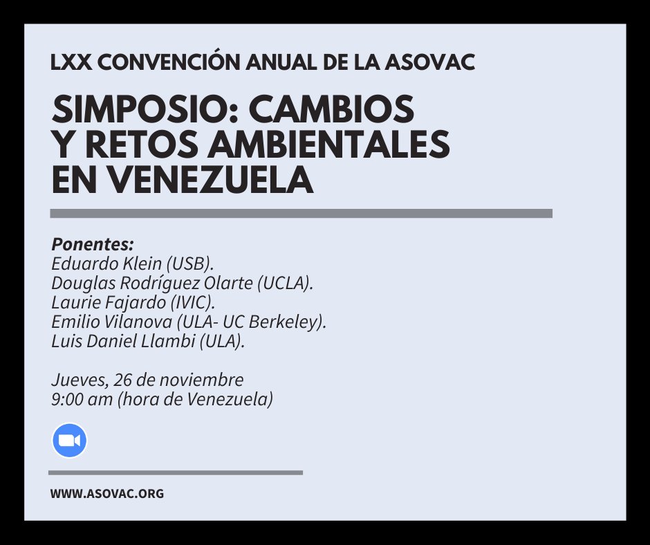 evilanova's tweet photo. 🗣️📢Como parte del LXX Aniversario de #ASOVAC que se celebra esta semana, estaremos en un mini-simposio el jueves 26 a las 9 am (hora Venezuela) para hablar sobre los "Cambios y retos ambientales en Venezuela" https://t.co/UmuNweLZCB https://t.co/9IVZ5K6cF5
