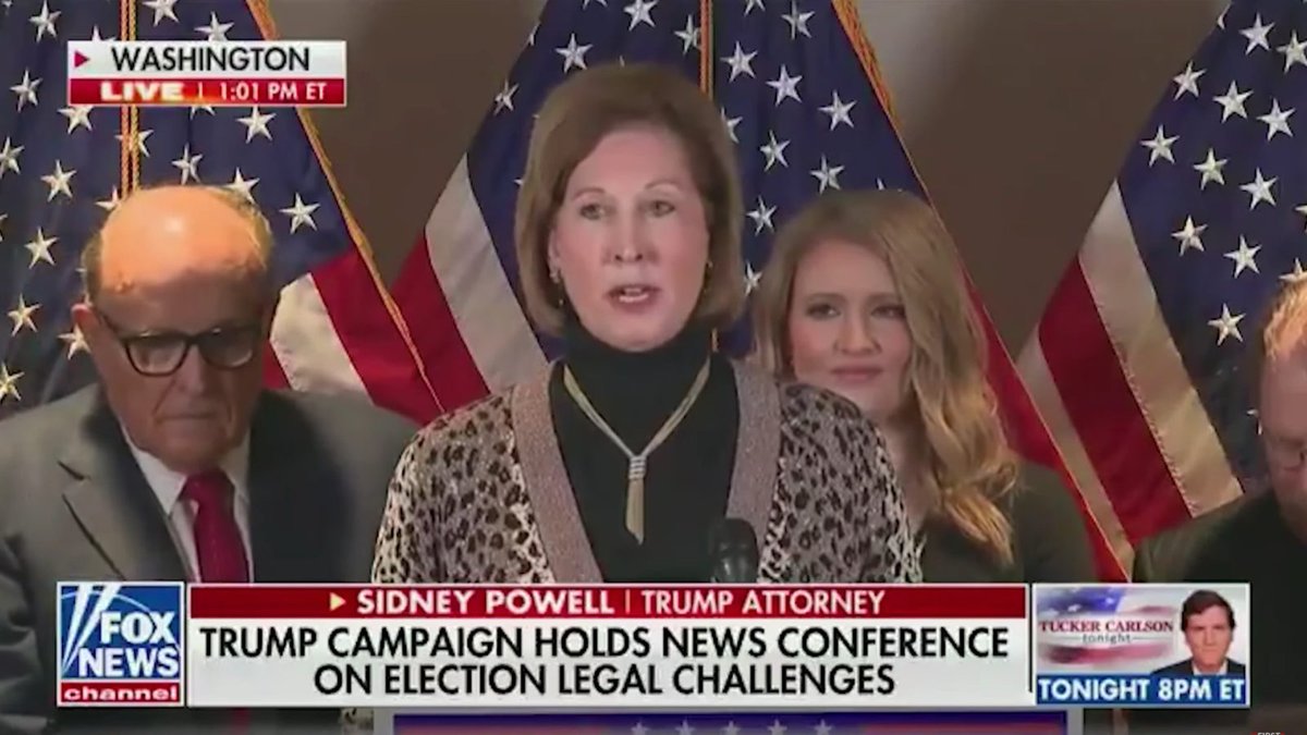 3. Here is Sydney Powell speaking on Thursday at an official Trump campaign press conference with the rest of the Trump campaign legal team