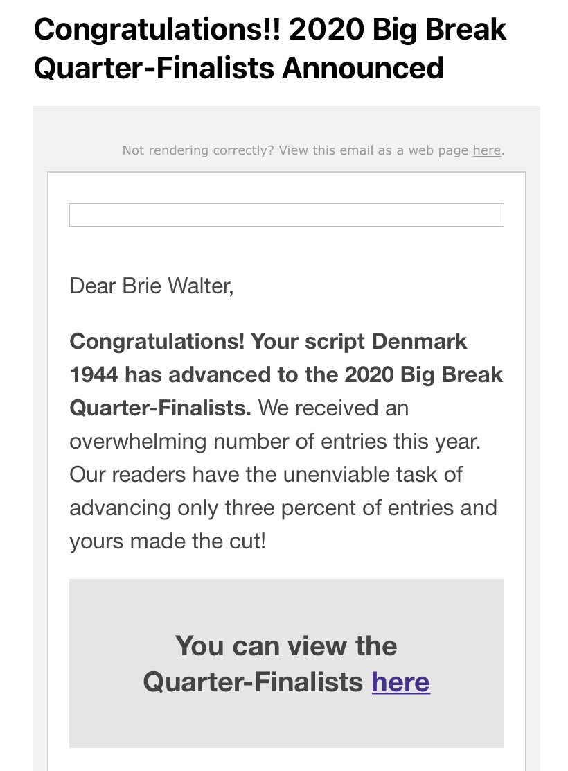 Really thrilled my script made it into the top 3% for the Big Break Quarter-finalists list. Some good news for 2020. #Screenwriters #bigbreakcontest