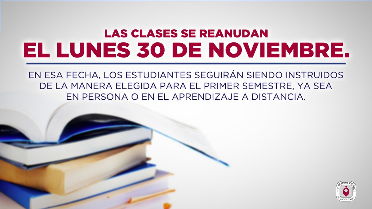 PBCSDEspanol's tweet photo. No clases del 23 al 27 de nov. Receso de Acción de Gracias. Clases se reanudan 30 de nov donde estudtes siguen instrucción en persona o a distancia.

https://t.co/3xeJlDSS2S

@PRHChamber @PBHChamber @ElSolJupiter @centromaya430 @southPbcsd @Area4SuptPBCSD @GladesRegion @hainesv https://t.co/fhkZ7nx1qv