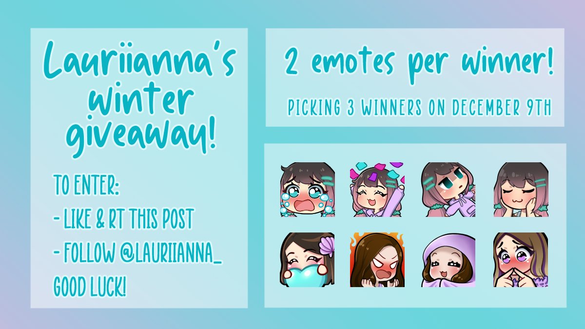 ✨GIVEAWAY ALERT✨

With the semester winding down, I thought I'd do smth to fill my winter free time and give back to my community c:

To enter:
🌸 Like &amp; RT this post
🌸 Follow <a href="/Lauriianna_/">Lauri 🔜 Anime Merch LIVE✨</a> 

Picking 3 winners on December 9th to receive 2 emotes each!