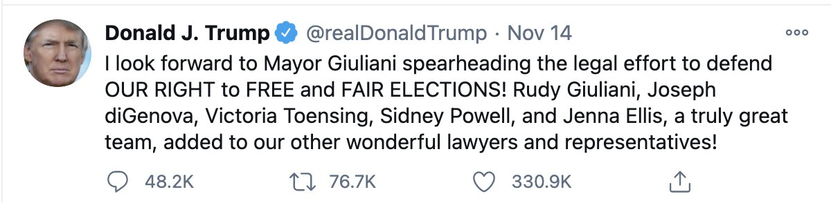 @MAGADebRN1 Trump literally announced her as part of his legal team along with Ellis, Giuliani, Toensing. And now they're distancing themselves from her.