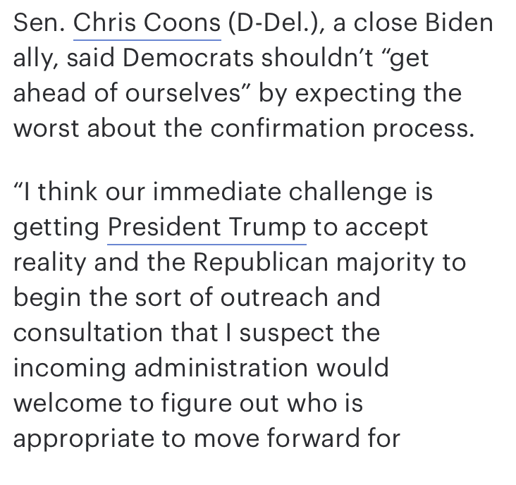 For example, Sen Chris Coons (D-DE) says Democrats can work with Republicans - as soon as Trump accepts the election results.Why would Senate Dems work with a party that's actively seeking to overturn the people's right to choose our leaders?