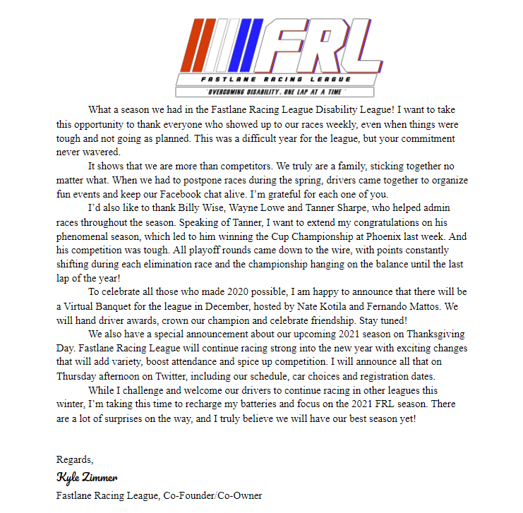 FRLoniRacing's tweet photo. A Memo statement from @Kyle_Zimmer25  about FRL 2020 season and upcoming plans later this week for the announcements! https://t.co/OMtfK3rYqe