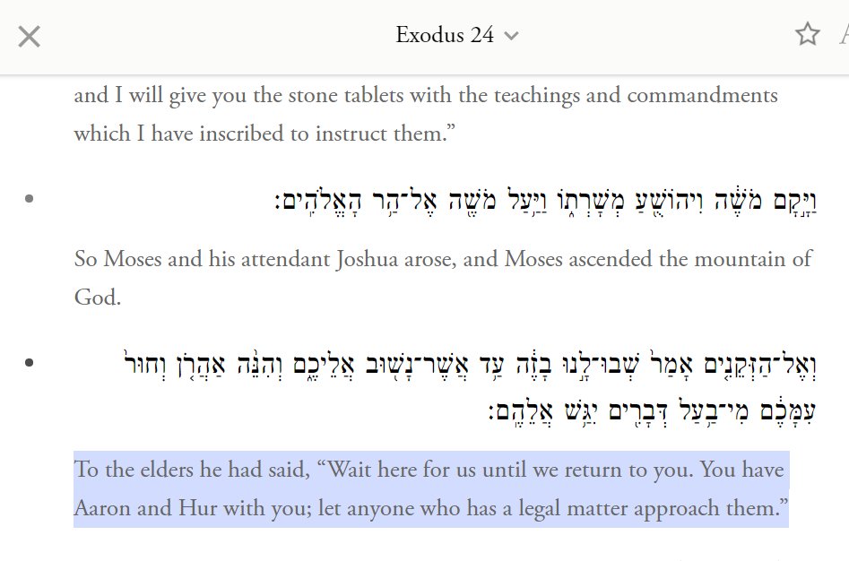 BTW, whatever happened to Hur? Anyone with an issue ("legal problems" is too specific a translation) was supposed to approach Aaron & Hur. But Hur (a hero, with Aaron & Joshua of Amalek war) is never heard from again. The midrash suggests it's bc the mob has killed him.