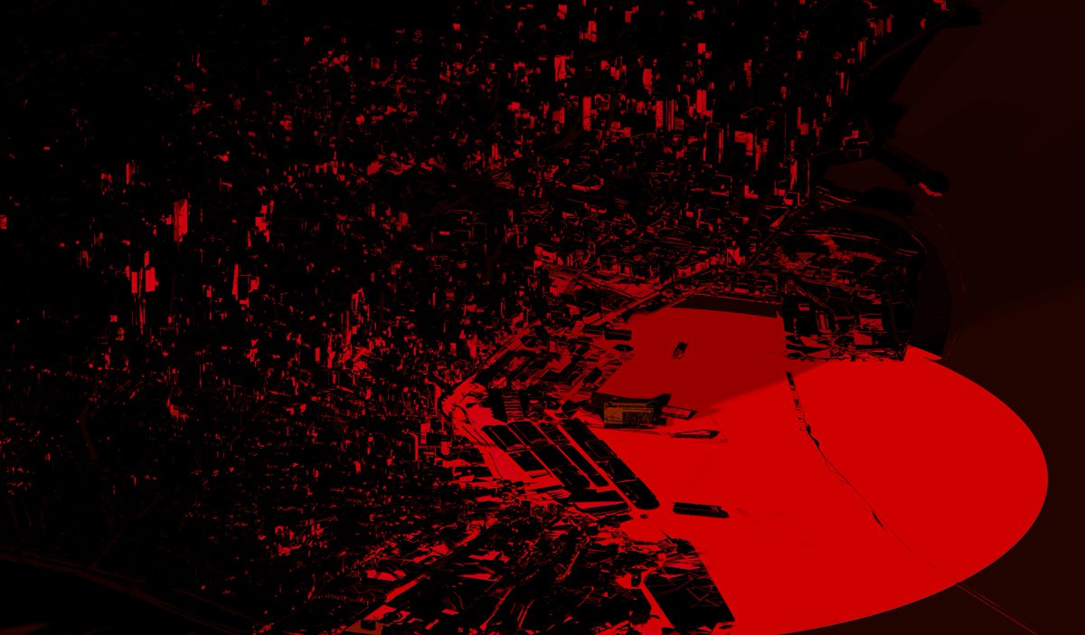kyraneth's tweet photo. Haunted by a City that Once Was. First #NFT drop on @rariblecom, part of a series on the Beirut disaster. Done with an actual model of the city. Bloodlight-source is the explosion location. Price set at 6.07 eth, time of death of Beirut. 9K high res at: https://t.co/981ICj5VJi https://t.co/lc1VknHKfB