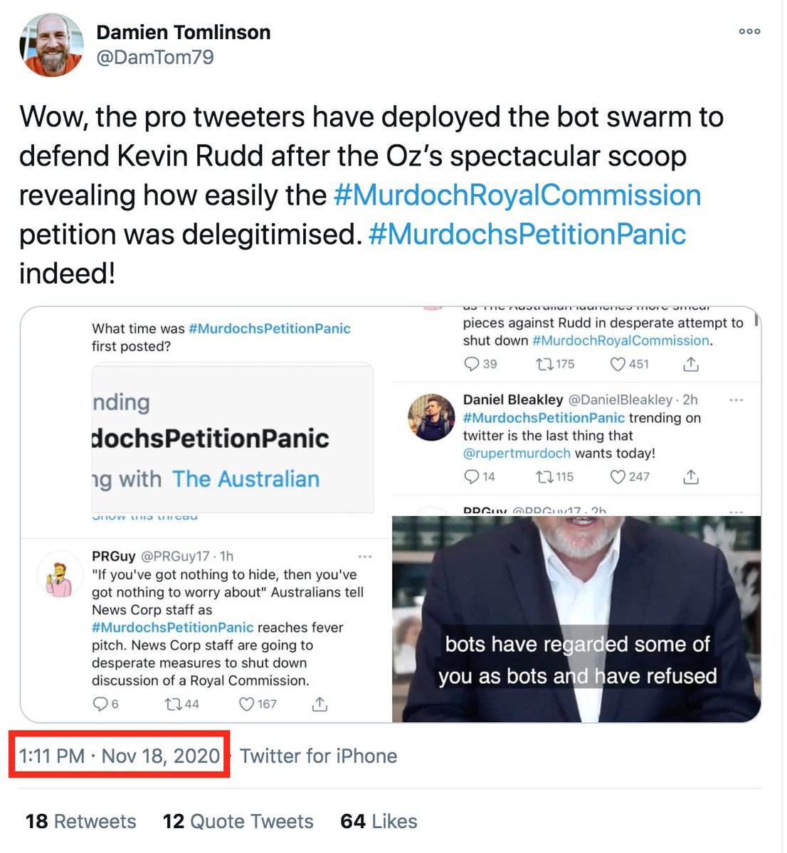 At 1.11 pm on 18.11.20 Murdoch's  @couriermail editor  @DamTom79 sent a tweet suggesting that I was a professional tweeter (paid by someone) and that I had"deployed a bot swarm to defend  @MrKRudd" Both of these claims are false and have damaged my reputation & character.3/9