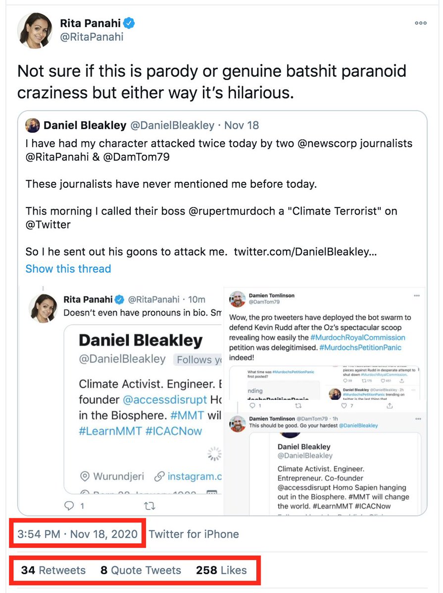 At 3.54pm on 18.11.20 Murdochs  @theheraldsun columnist & Murdochs  @SkyNewsAust host  @RitaPanahi tweeted:"Not sure if this is parody or genuine batshit paranoid craziness but either way it's hilarious"Rita has 246 000 followersThis has damaged my reputation & character7/9