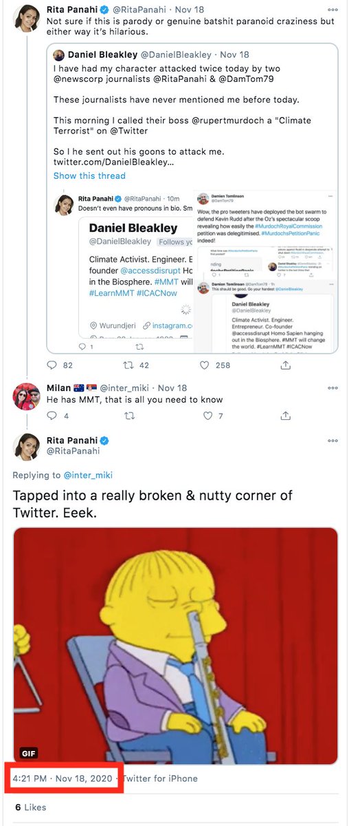 At 4.21pm 18.11.20 Murdochs  @theheraldsun columnist &  @SkyNewsAust host  @RitaPanahi posts a gif of "Ralph" from the Simpsons with a flute in his nose & said:"Tapped into a really broken & nutty corner of twitter"Rita has 246k followersDamaging my reputation & character8/9