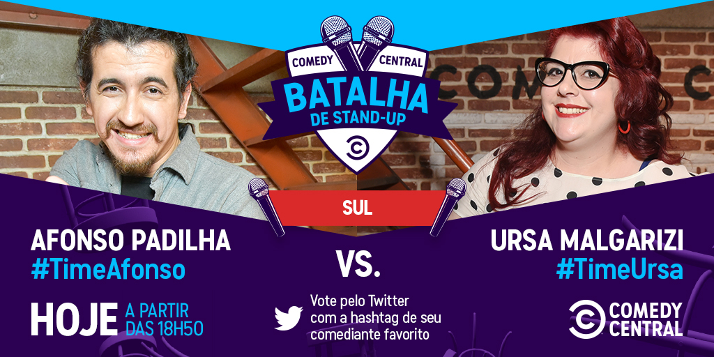 ComedyCentralBR's tweet photo. A última #BatalhaDeStandUp do dia é da Região Sul! Pra fechar com chave de ouro, o #TimeAfonso e o #TimeUrsa disputam o seu voto. Pra quem vai o seu tweet? Manda AGORA que eu vou contar um por um! 🔥 https://t.co/R09bCfFhP2