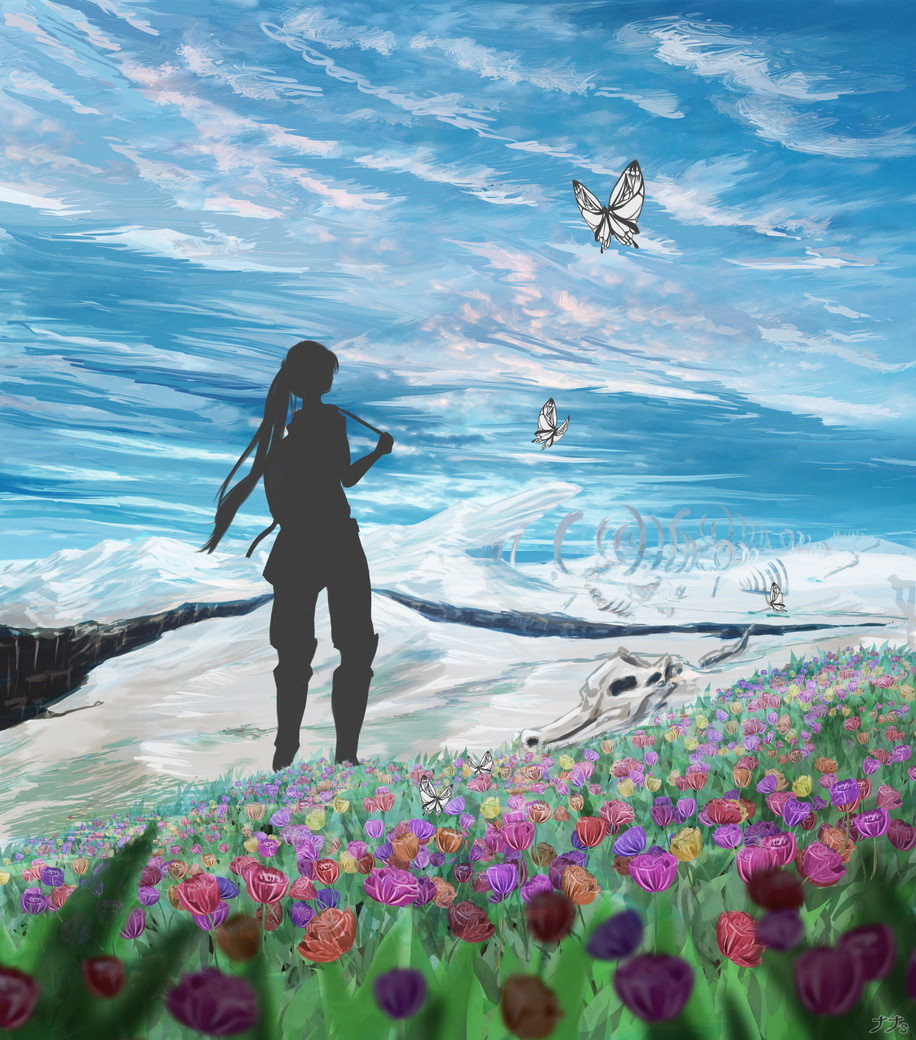 さっき描いてたイラスト 勇者の負の遺産 と言う題名 蝶の舞う花畑のお題を貰たの ナナｓ ﾅﾅｴｽ 3 2日 3 31日お菓子をどうぞ展の漫画