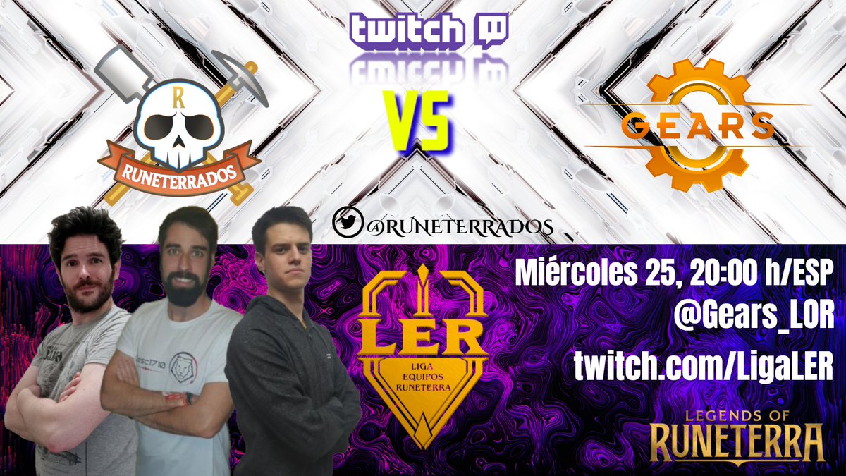Seguimos otra semanita más en la @LER_Esp intentando consolidar nuestro puesto en playoff!!
🆚 <a href="/Gears_LoR/">Gears</a> 
⏰ Miércoles 25. 20:00 h/ESP
⚔️CONVOCADOS:
<a href="/TheChebro/">The_Chebro</a> 
@juanitb99 
<a href="/cesc1710/">Cesc Martín</a> 
#GORUNETERRADOS