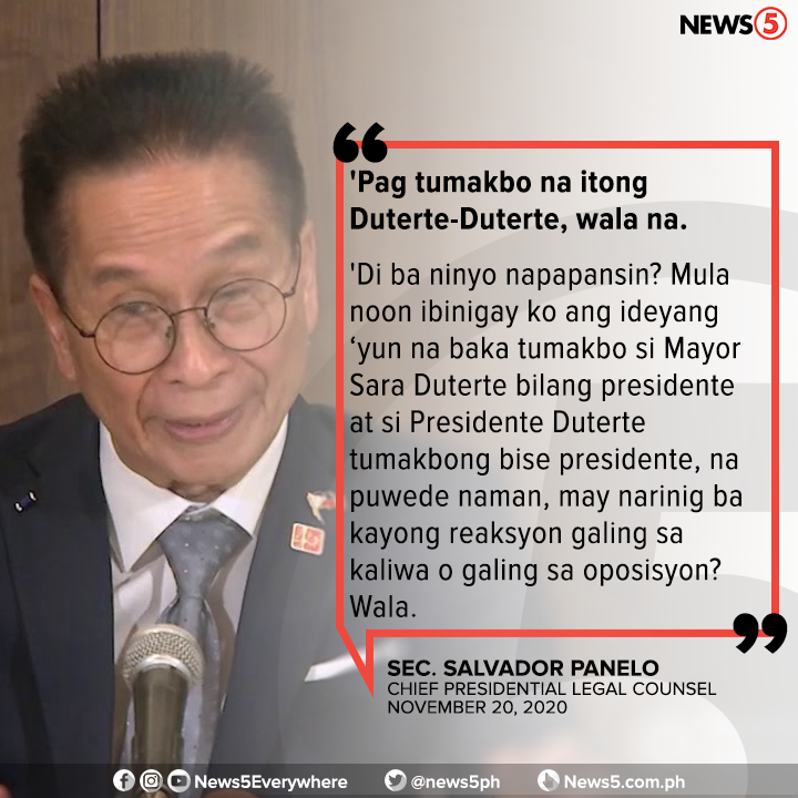 News5PH's tweet photo. Sa kanyang programa, sinabi ni Chief Presidential Legal Counsel Salvador Panelo na hindi kayang tapatan ng oposisyon ang Duterte-Duterte tandem, kung tatakbo ang mga ito sa 2022.

Sa ngayon, wala pang opisyal na anunsyo kung tatakbo ba sa pagkapangulo si Mayor Sara Duterte. https://t.co/iOUsldbJHC