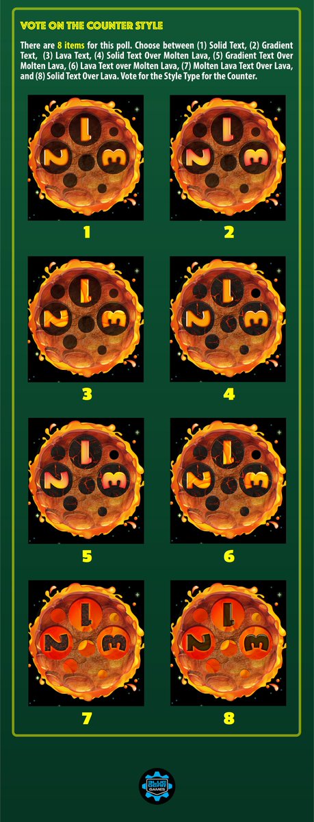 POLL 13.2:  METEOR TILES: COUNTER STYLE
We need your help to decide on the Counter Style for the front side of the Meteor Tiles! See the images for more details and to help make your decision. Reply with a # to cast your vote.