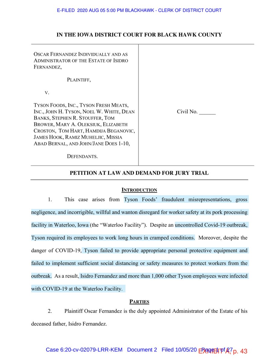 previous removal filing was Tyson’s MotionSTATE Court Petition with Jury Demand by Oscar FernandezTyson failed to provide appropriate PPE, failed to implement sufficient social distancingIsidro Fernandez & >1,000 other Tyson employees were infected.. https://ecf.iand.uscourts.gov/doc1/07512566499