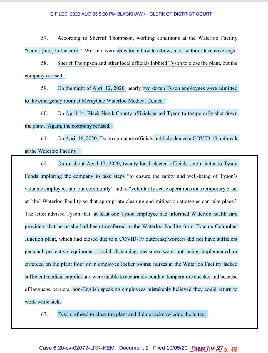 SON OF A ___ see black boxes“...Waterloo Facility is Tyson’s largest plant... facility process 19,500 hogs per day”“Sherrif Thompson conditions at the Waterloo Facility “shook [him] to the core”Workers crowded elbow to elbow most without face coverings https://ecf.iand.uscourts.gov/doc1/07512566499