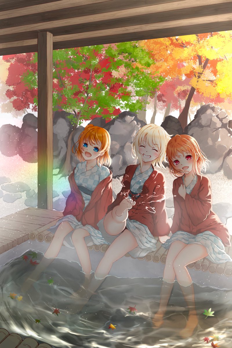 Aoiao 絵描き オレンジ色ガールズ ということで千歌ちゃんたちが足湯を楽しむイラストです よろしければ 感想や質問などコメント よろしくお願いします 高坂穂乃果 高海千歌 宮下愛 ラブライブ 虹ヶ咲