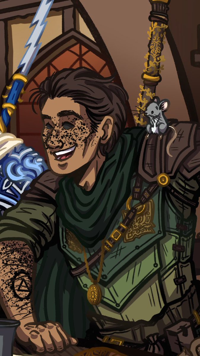 PhantomTaproom's tweet photo. Heeeere’s Basha! Basha’s connection to the land and to his friends drives him. When he’s not busy talking to mice he’s coming up with terrible ideas. Basha has no memory of his past but is more concerned for his friends wellbeing.
Played by @BrianBobBurns 
Art by @luckymaggiepie https://t.co/v4oAM4AKTa