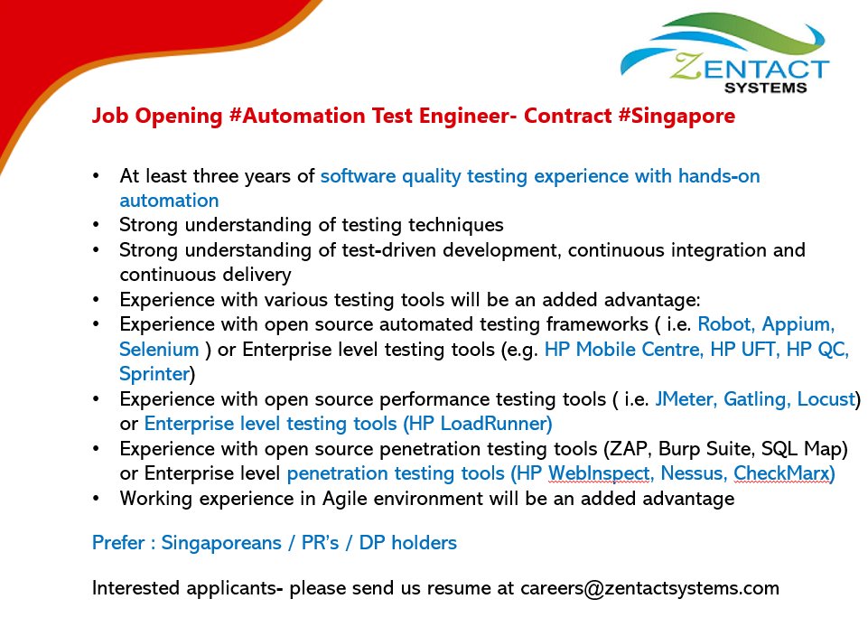 Zentactsystems's tweet image. Hiring #Automation_Test_Engineer- Contract #Singapore
#Automation_Testing
#HP_Mobile_Center #HP_QC , #Appium, #Selenium
#JMeter #HP_WebInspect
#open_source_automated_testing_frameworks
Interested applicants- please send us resume at careers@zentactsystems.com
#RT