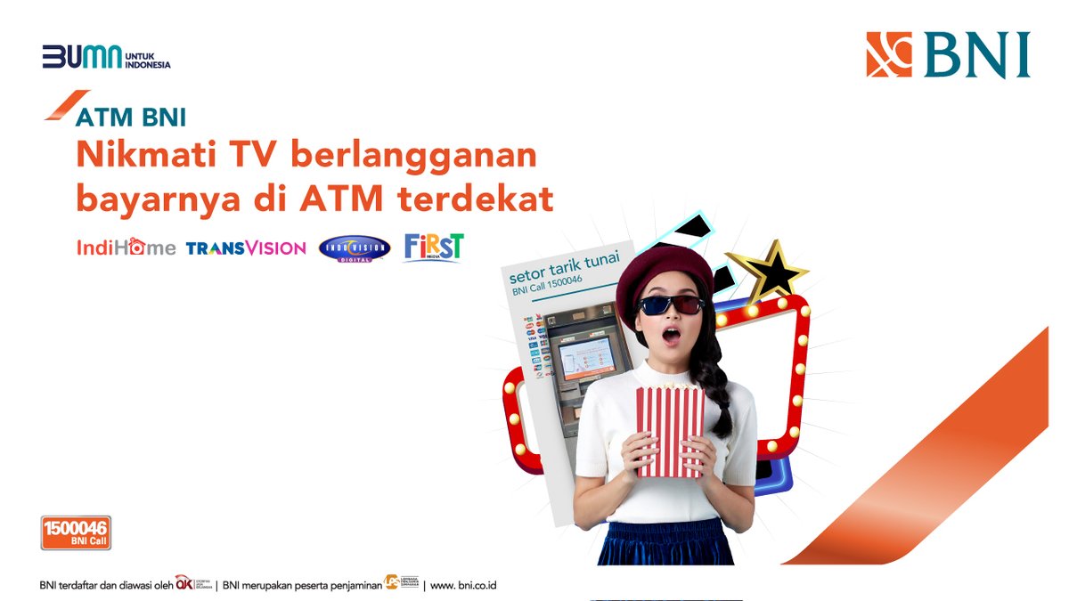 BNI's tweet photo. Nonton di rumah jadi lebih tenang tanpa kepikiran kapan bayar tagihan karena pembayaran TV kabel sekarang jadi lebih mudah. Tinggal mampir ke ATM BNI terdekat, bayar dgn mudah & nikmati acara favorit dgn senang.
#BNI46 #BUMNUntukIndonesia #ATMBNI #Jalin #Link https://t.co/GCiHKTTdhO