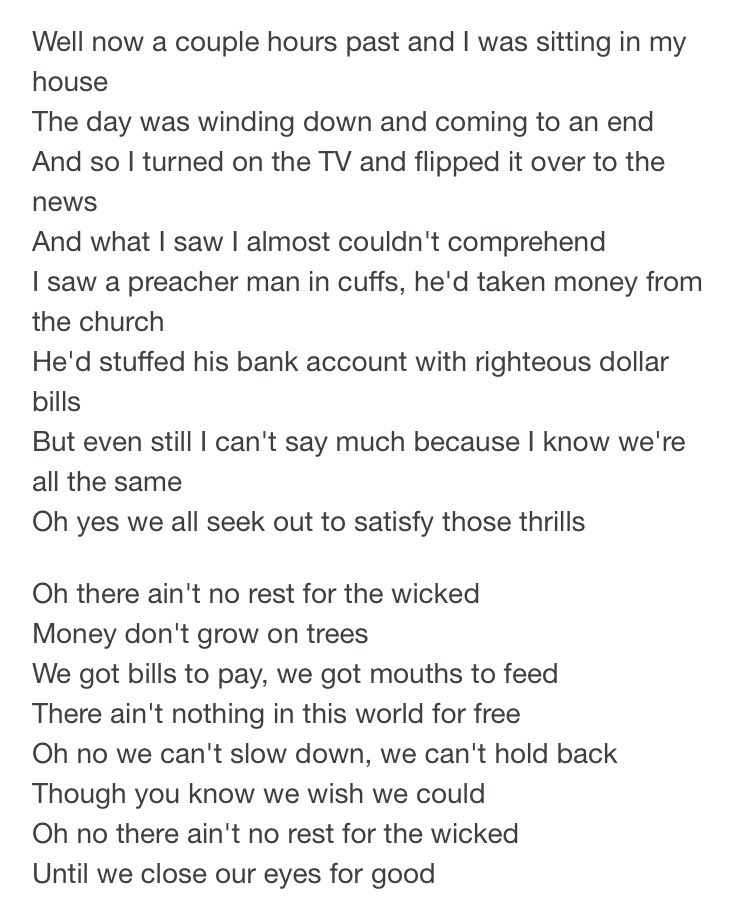Day 1: Ain’t No Rest For the Wicked by Cage the Elephant (1x01 Pilot)This song is about how all humans sin and the singer tells of his experience coming across 3 sinners: a prostitute selling her body, a mugger robbing him at gunpoint, and a priest who robbed his church