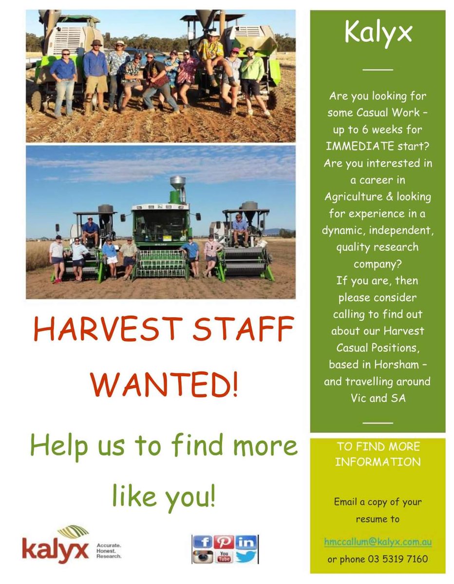 With Border restrictions keeping us on our toes we are looking for some harvest workers for Vic. Please DM if you know of anyone. <a href="/kalyx_australia/">Eurofins Kalyx</a>
