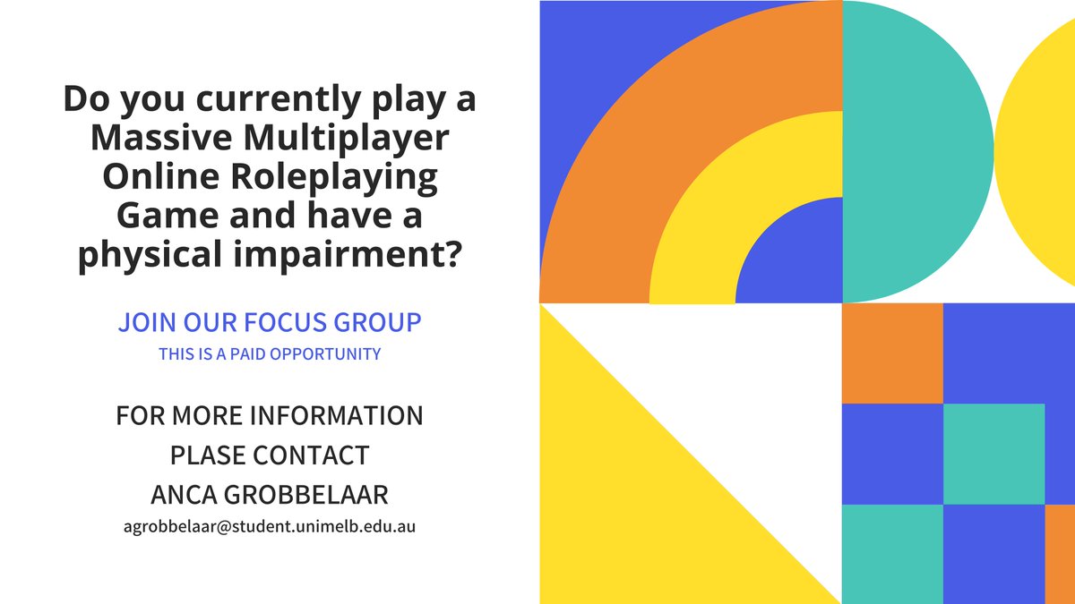 AncaCG's tweet image. Paid Opportunity: We want to learn more about the experiences of adults playing #MMORPG’s &amp;amp; living with a physical impairment. Contact me!

@mdi_unimelb #FocusGroup