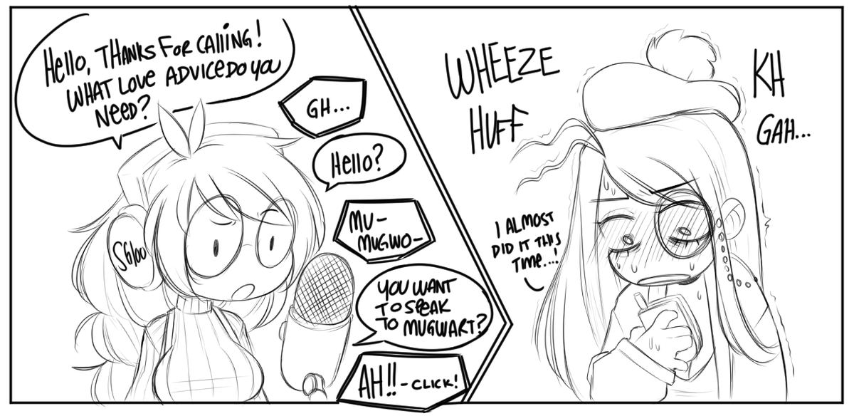Ingrid trying to call Willow's love advice segment on the radio but chokes every time