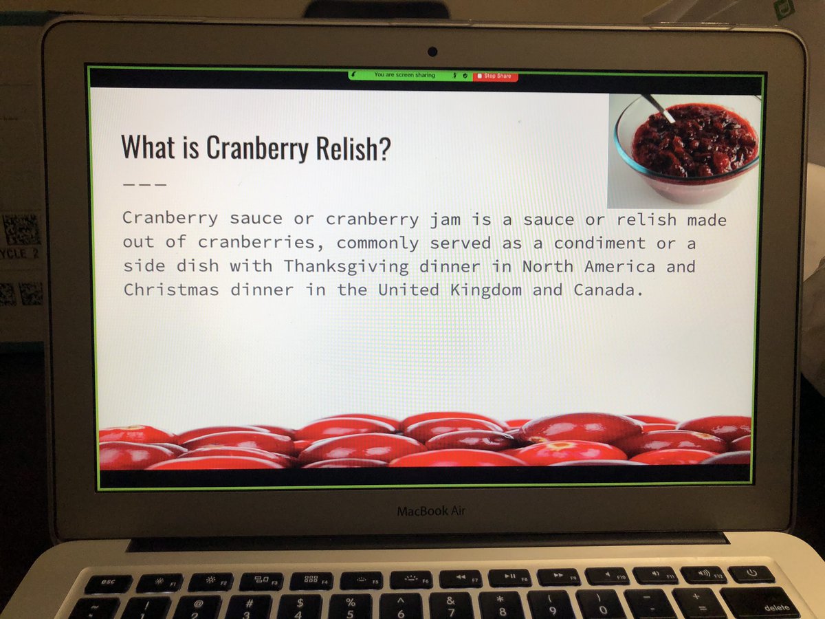 EmilyMacKinnon9's tweet photo. In honour of #NationalCranberryRelishDay my learner created a powerpoint dedicated to the topic! She presented via Zoom! As well, we discussed how might powerpoint skills be imperative during a pandemic? (Concept-Verb-Concept)  #letsteachadults @YEPeducation https://t.co/gFPsAUMGFq