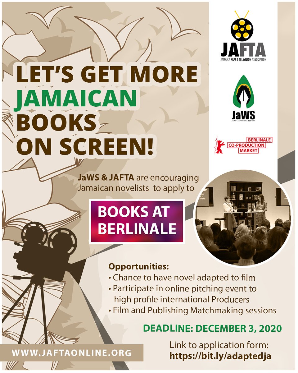 JamaicanWriters's tweet photo. Jamaican novelists and publishers! Apply to Books at Berlinale @efm_berlinale open call for a chance to have your novel adapted to film. Let's get more Jamaican stories on screen! Application form at https://t.co/KPJDY5pp3S #BooktoScreen #BooksatBerlinale #JAWS #JAFTA https://t.co/AAqdLjfb8t