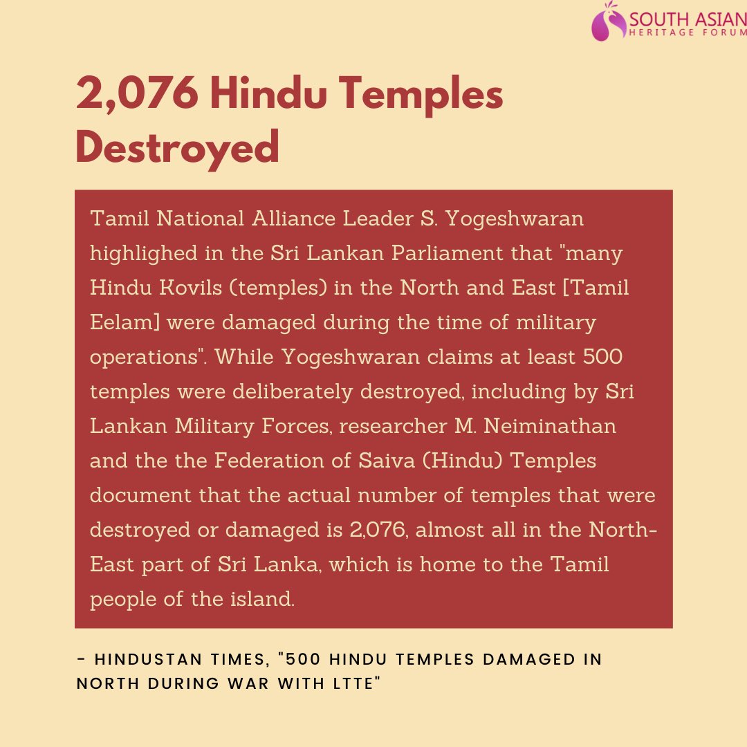 According to scholar M. Neiminathan and the “Federation of Saiva (Hindu) Temples”, around 2,076 Hindu temples have been destroyed in Sri Lanka, most prominently in the northeast part of the island where the Eelam Tamils predominantly reside.