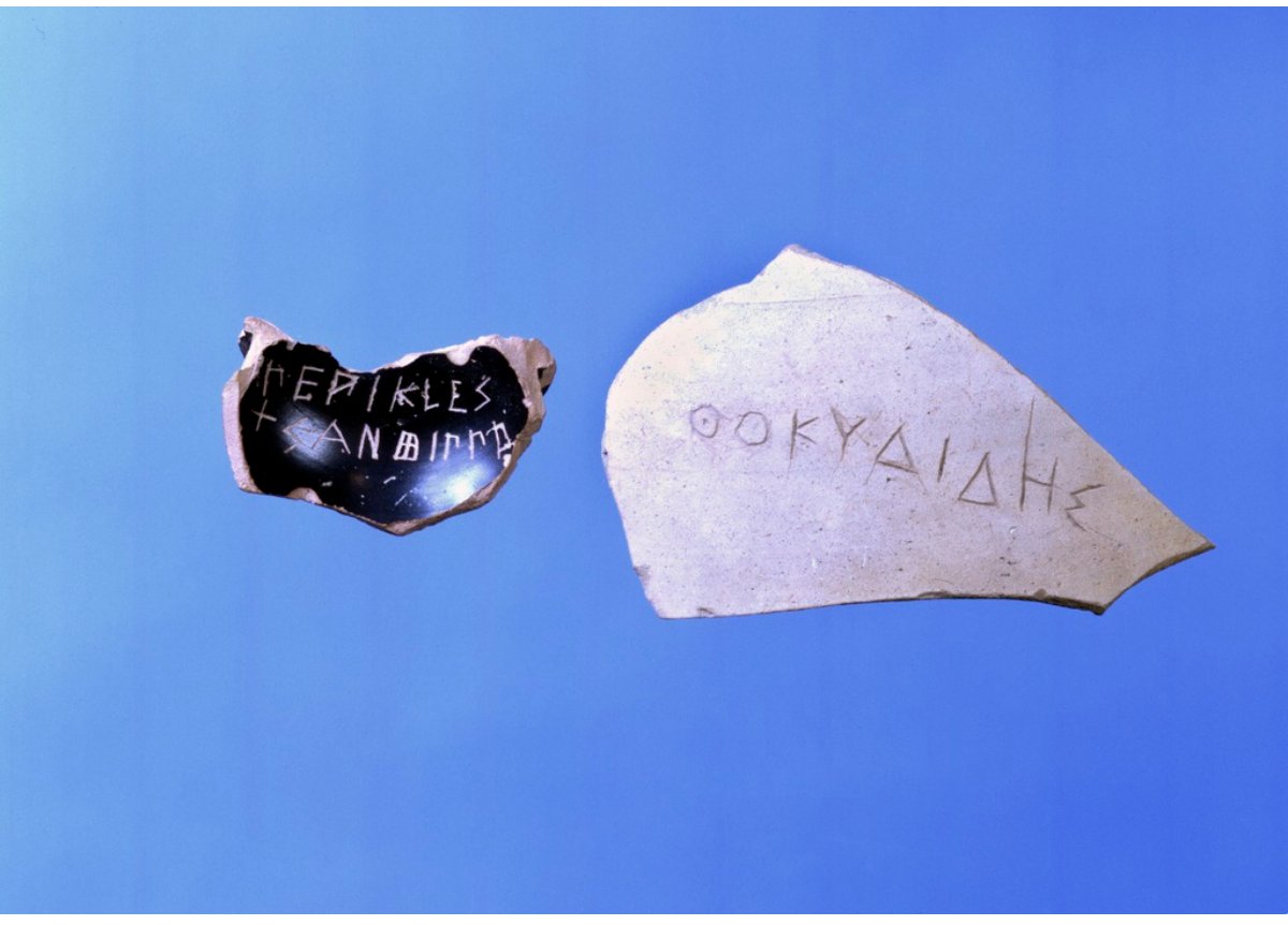 JackKCLST6's tweet photo. Hey #CLST6! For this #LookCloser10, I wanted to return to the artifacts that I found the most interesting throughout this term, and those were the ostrakons that were used in the practice of ostracism in the Athenian Democracy [1]. https://t.co/1mYs9hwFhe