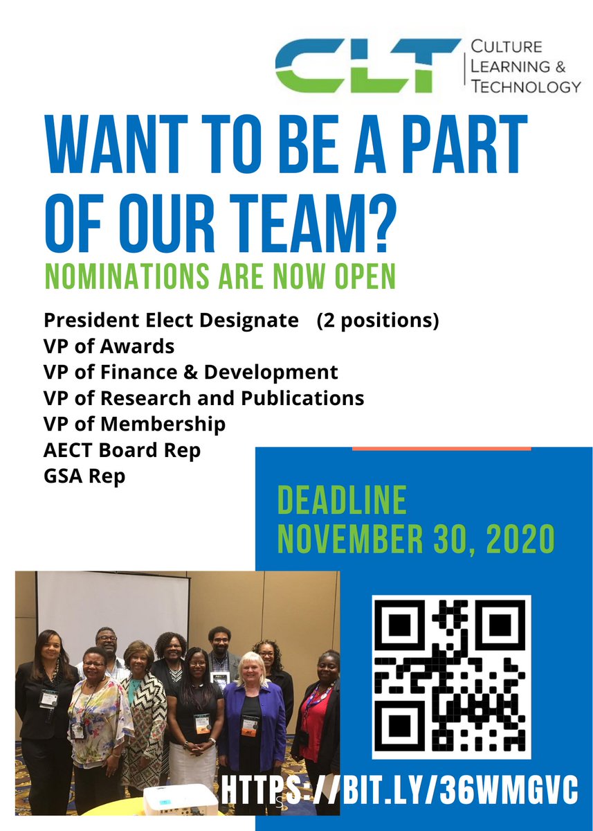 aectclt's tweet photo. Last day for Nominations! The AECT Division of Culture Learning and Technology would like to invite you to join us in leading opportunities. If you know a strong candidate, please complete this brief entry form. For more info: https://t.co/4XjjcwURhp 
#aect20 #aect2020 https://t.co/yzGRZYYjWj