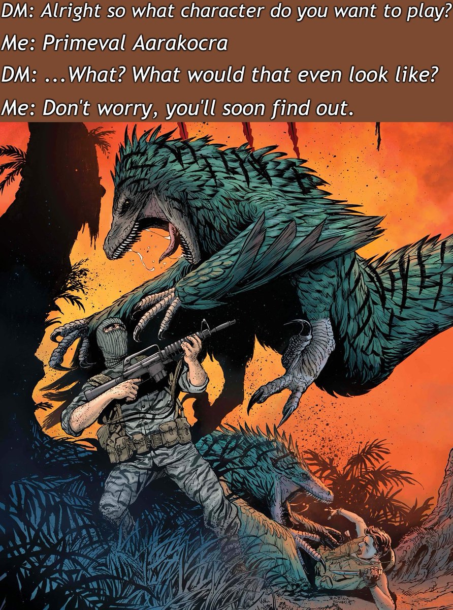 MemesDnd's tweet photo. Fun Fact of the Day: Birds are Dinosaurs that evolved from small tree-climbing raptor cousins, so Imagine what a giant Man-bird must've descended from.
⚔️🧙🏻‍♂️
#dnd  #gamenight #5e   #character  #d20  #follow  #rogue https://t.co/gvqGCJmMcy