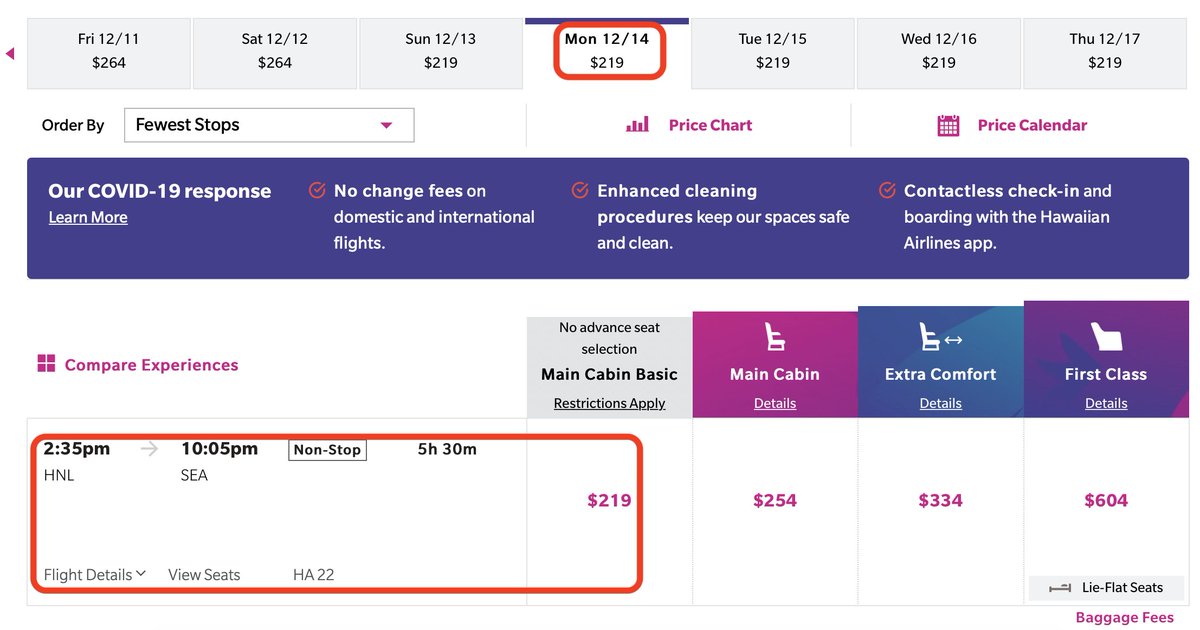 (12/21)The pictures below show the price (in points and dollars) for a flight on Hawaiian Airlines from Honolulu to Seattle on Dec 14, 2020. Notice that it would cost me 17,500 Hawaiian points to pay for this flight or $219.