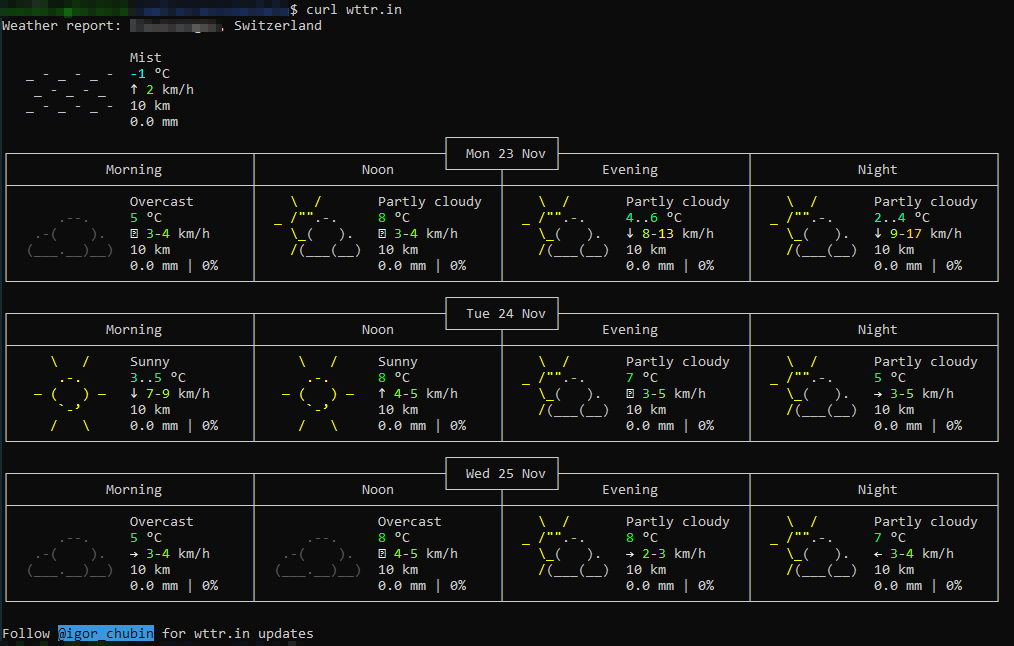 patricksaladino's tweet photo. Local weather reports for CLI perverts. Try it for yourself : "curl https://t.co/DnKahUrIZZ" or "curl https://t.co/HNnLCHvUqi". Thank you @igor_chubin :D https://t.co/LoGOW5678t