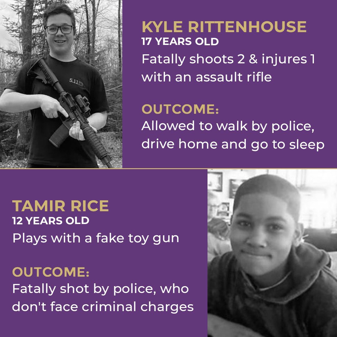 America’s two justice systems:
6 years ago today, police killed 12yo Tamir Rice for playing with a fake toy gun. 
Last week, 17yo Kyle Rittenhouse was released on bail after killing 2 people with an assault rifle. Police let him walk by them, drive home and sleep in his own bed.