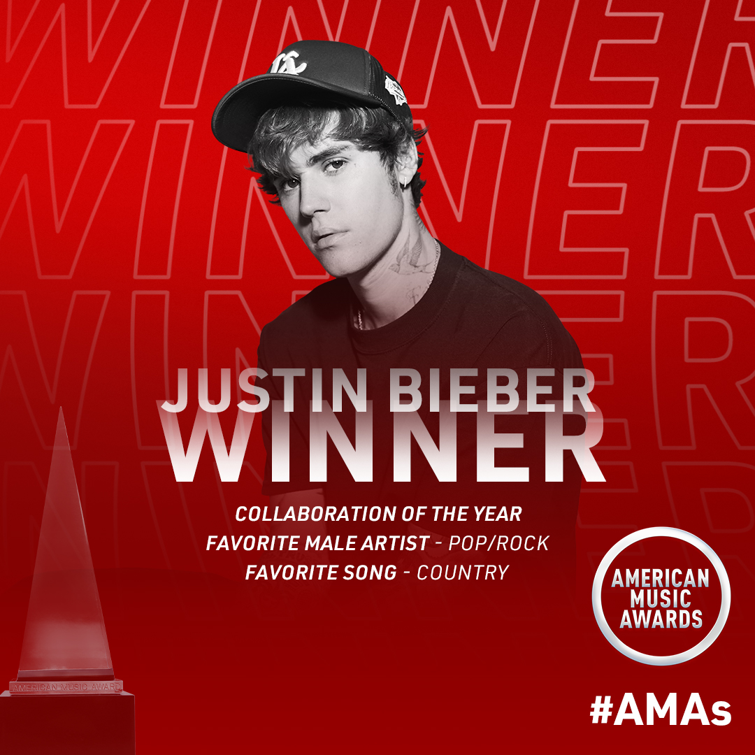 Well deserved, @justinbieber! He's taking home THREE #AMAs tonight. 🙏 https://t.co/rZ39WdFmsC
