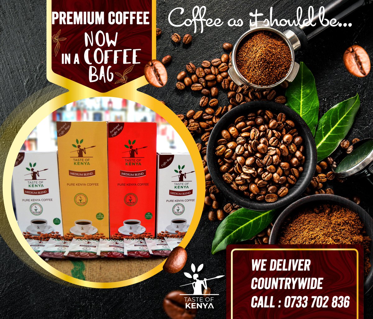 Coffee lovers can now brew a quality cup of coffee in just 2minutes. Enjoy 100% #ArabicaCoffee in a #coffeebag. The coffee is dark roasted to give you a smooth, mellow and satisfying flavour.
#TasteofKenya #BuyKenyan #BuildKenya