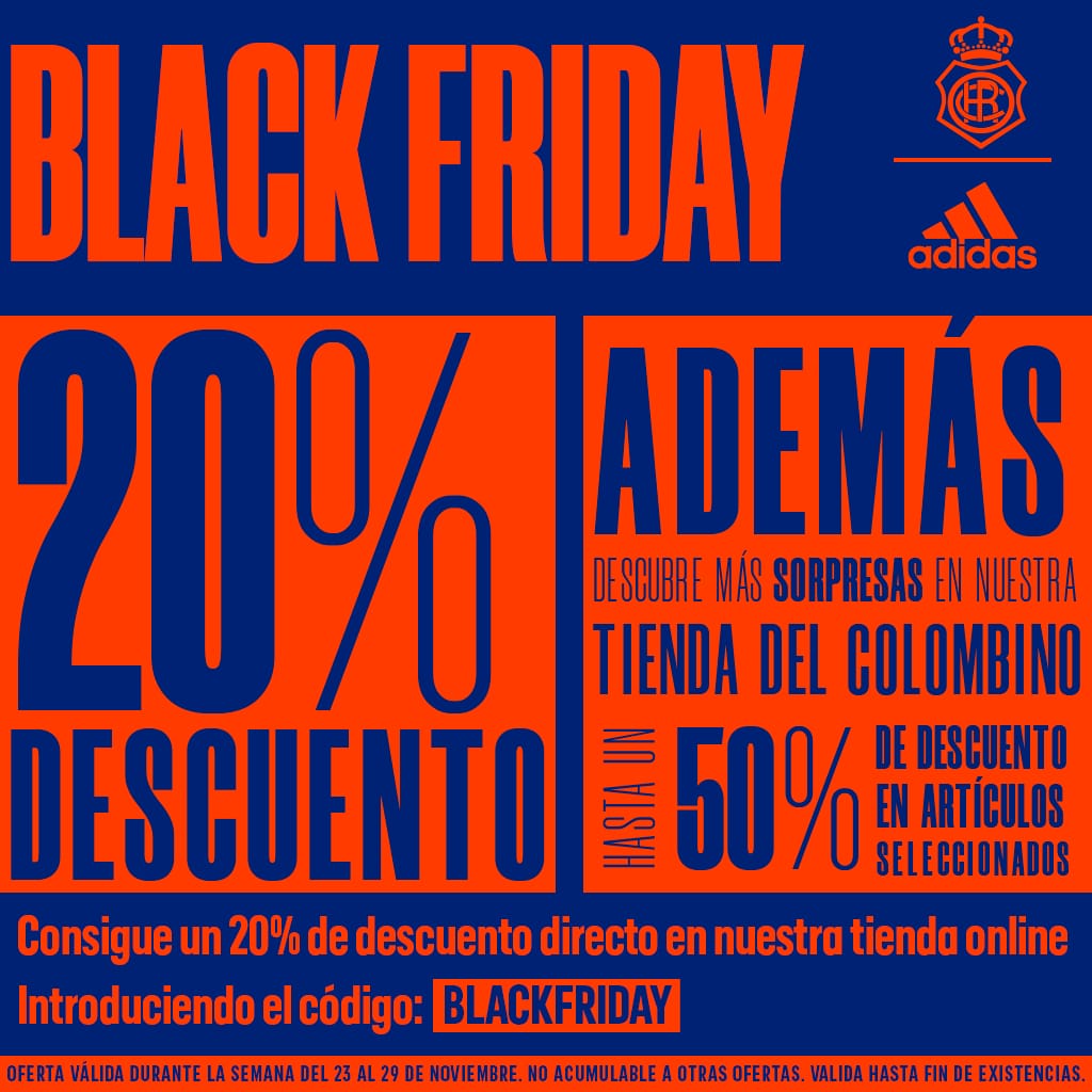 salón cache flor RC Recreativo de Huelva on Twitter: "¡Black Friday en nuestra Tienda  Oficial! 🔵 20% de descuento en https://t.co/lXcHve5YjP con el código  BLACKFRIDAY. ⚪ Hasta un 50% en artículos seleccionados y más sorpresas