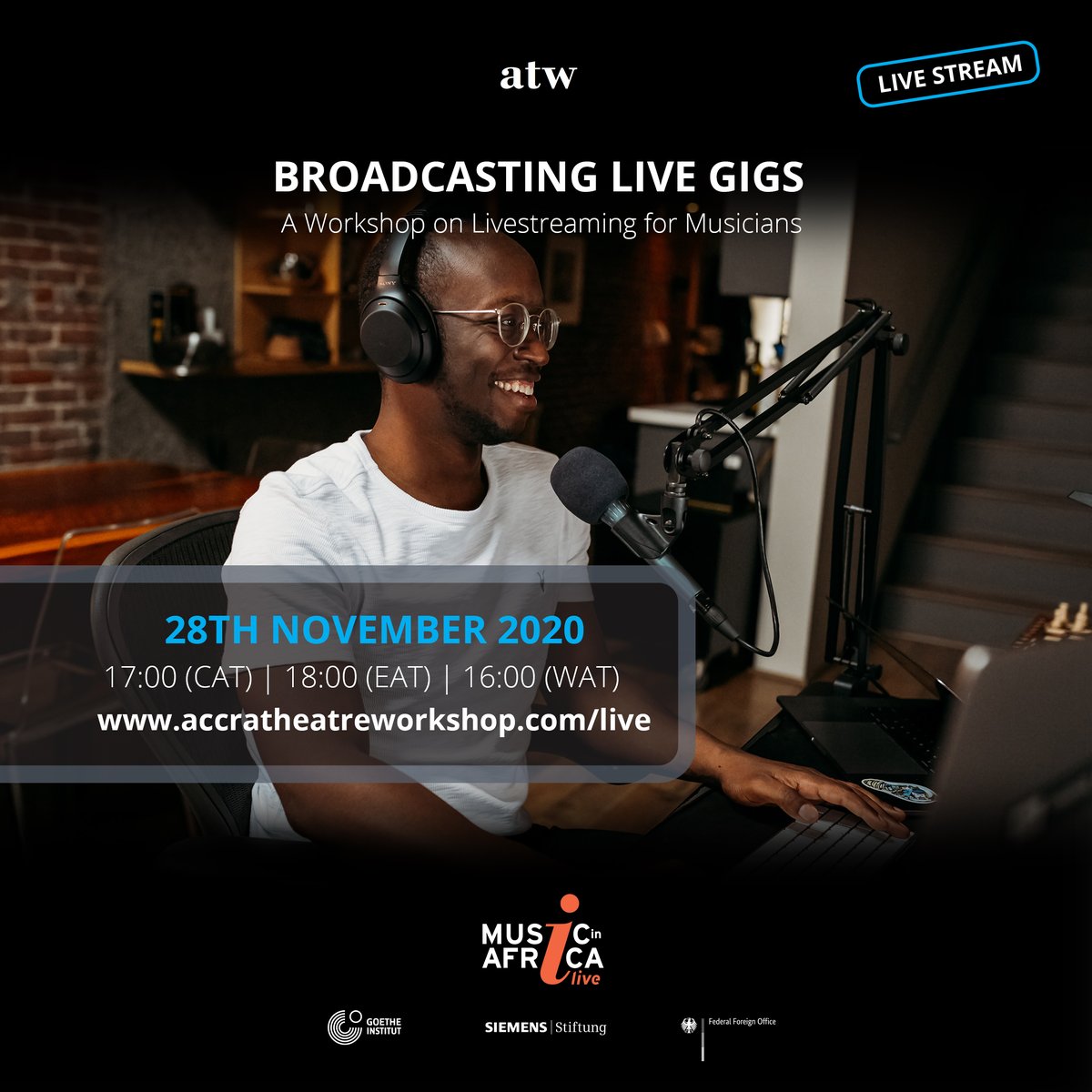 accratheatre's tweet photo. We are so excited to bring you our next virtual event, "Broadcasting Live Gigs", a workshop on live streaming for musicians to help reach a wider audience! 28th November, 17:00 CAT/15:00GMT #musicinafrica #music #ghanamusic #liveperformance #virtualconcert #livestream #goinglive https://t.co/crGSydX3eD