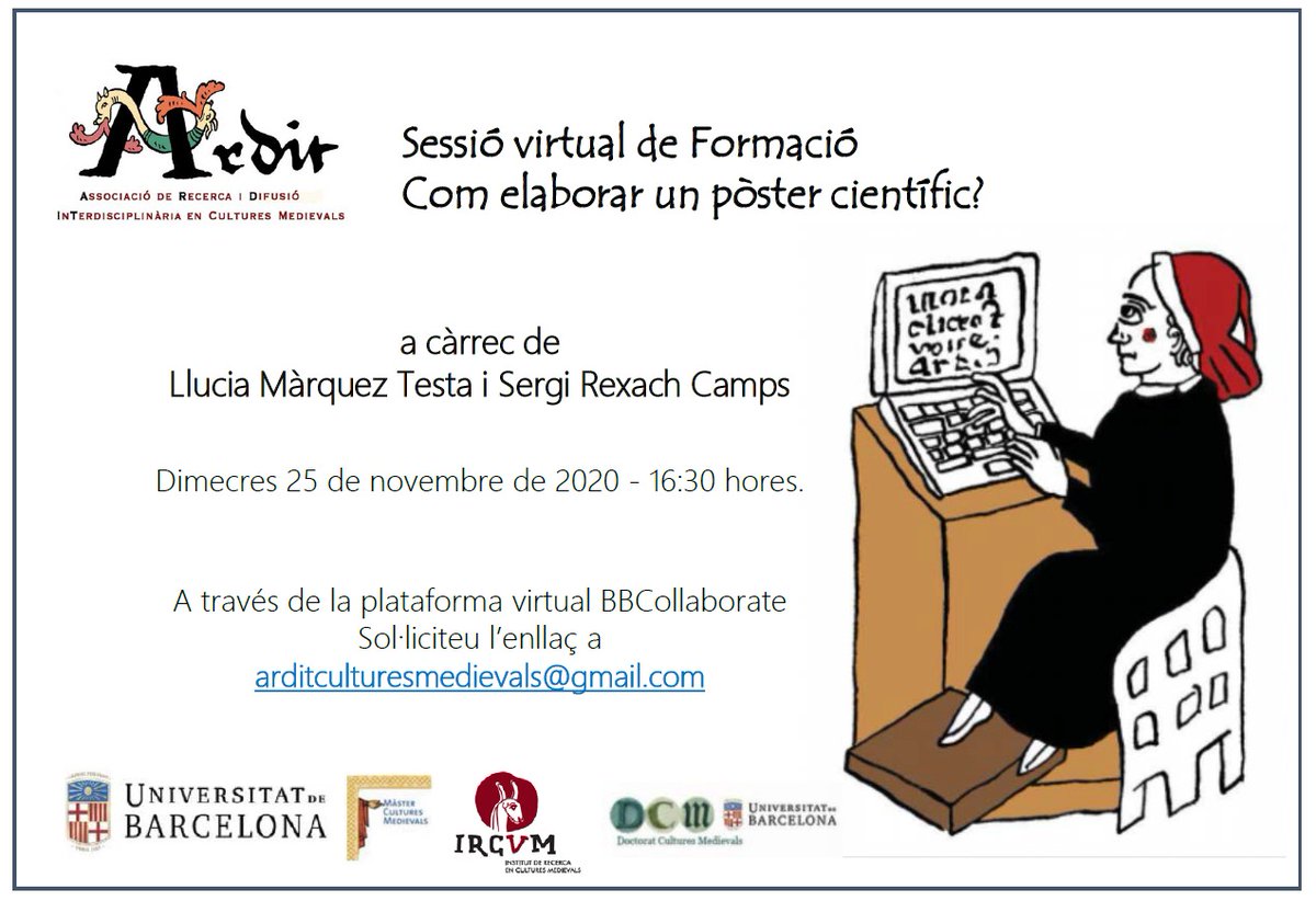 ARDIT (@arditmedieval) on Twitter photo 🧑🏫👩💻 Com cada any, arriba la primera de les activitats formatives d'Ardit, la sessió de pòsters científics! Enguany, en format virtual.
Una activitat adreçada als alumnes del <a href="/masterCM_UB/">CulturesMedievals UB</a> però oberta a tothom.
☝️⚠️ Cal confirmar la vostra assistència, si no sou socis/amics. 🧑🏫👩💻 Com cada any, arriba la primera de les activitats formatives d'Ardit, la sessió de pòsters científics! Enguany, en format virtual.
Una activitat adreçada als alumnes del <a href="/masterCM_UB/">CulturesMedievals UB</a> però oberta a tothom.
☝️⚠️ Cal confirmar la vostra assistència, si no sou socis/amics.