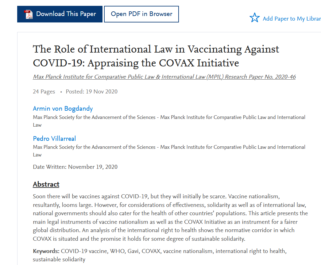 .#Vaccines against #COVID19 will initially be scarce. In #MPIL Research Paper No. 2020-46 Armin von Bogdandy and @PAVLMex present the <a href="/WHO/">World Health Organization (WHO)</a> #COVAX Initiative as a means of fairer global distribution and a promise of sustainable #solidarity #RightToHealth bit.ly/2J4WS61