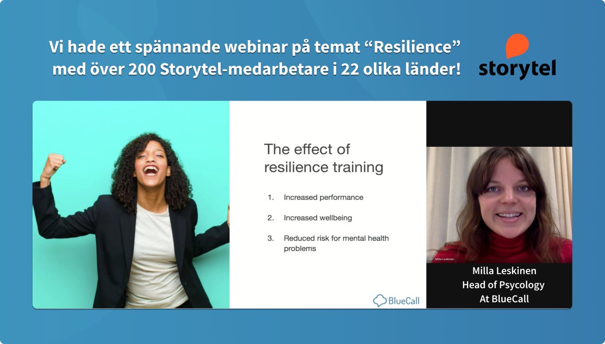 bluecallapp's tweet photo. Vi hade ett spännande webinar på temat “Resilience” med över 200 @storytelsverige -medarbetare i 22 olika länder!

#hrleaders #Psykiskhälsa  #mentalhealth #webinar https://t.co/WTLRT9Y8UC